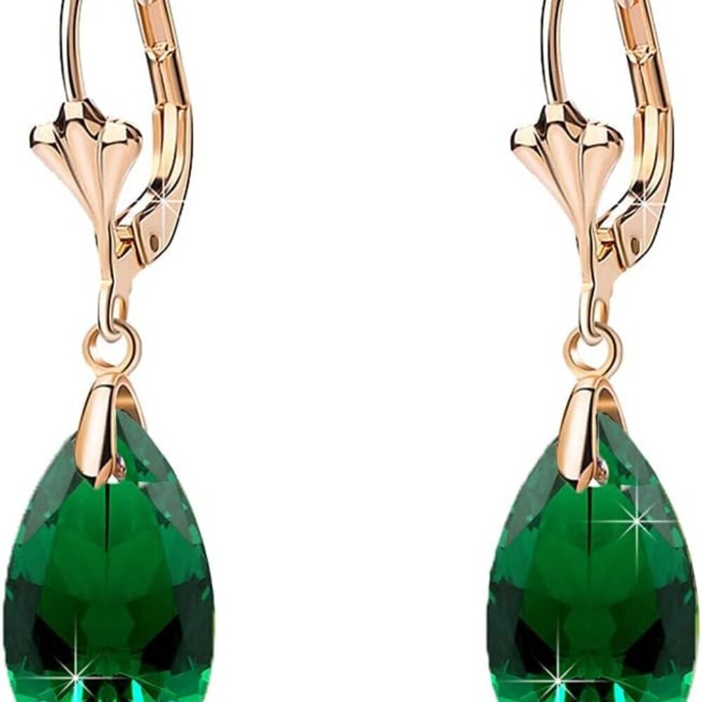 Austrian Crystal Teardrop Leverback Dangle Earrings for Women Fashion 14K Gold P